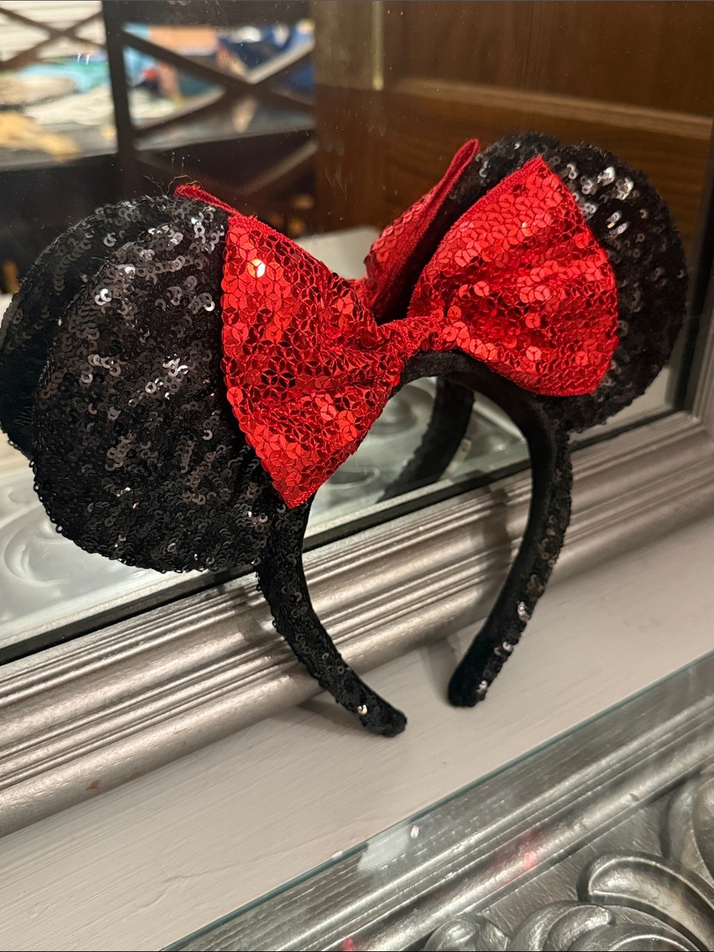 Disney Black Sequin Minnie Ears Headband with Red Bow - Picture 3 of 8